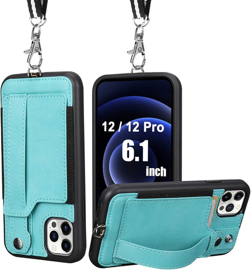 TOOVREN Wallet Case for iPhone 12/12 Pro Lanyard with Strap, Compatible with iPhone 12 6.1" 2020,Slim Designer Wallet Protective Case with Card Ho...